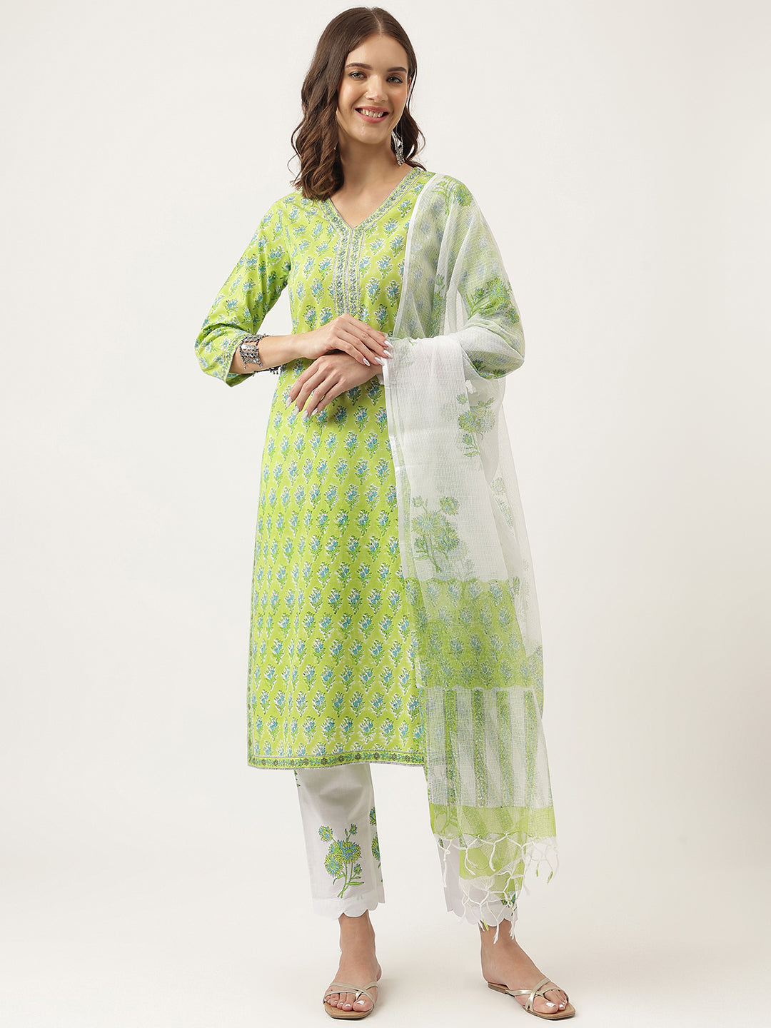 Green-Cotton-Handblock-Floral-Printed-3-Piece-Kurta-Set