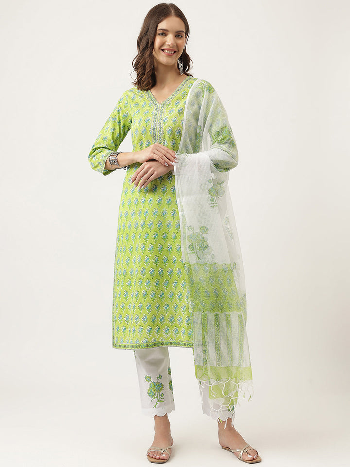 Green-Cotton-Handblock-Floral-Printed-3-Piece-Kurta-Set