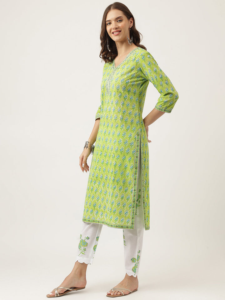Green-Cotton-Handblock-Floral-Printed-3-Piece-Kurta-Set