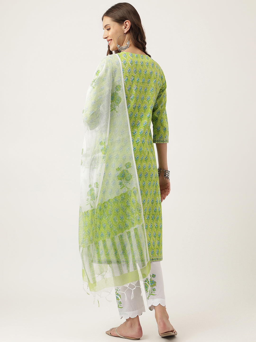 Green-Cotton-Handblock-Floral-Printed-3-Piece-Kurta-Set