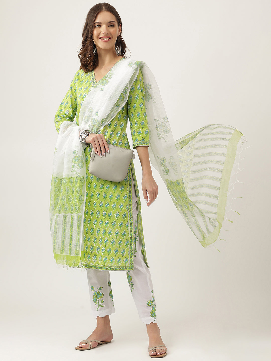 Green-Cotton-Handblock-Floral-Printed-3-Piece-Kurta-Set