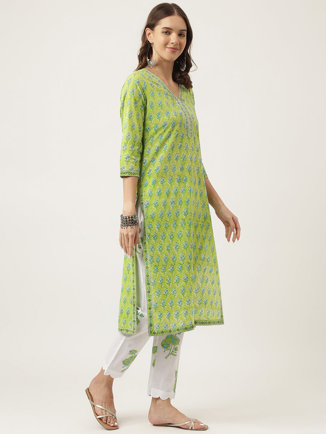 Green-Cotton-Handblock-Floral-Printed-3-Piece-Kurta-Set