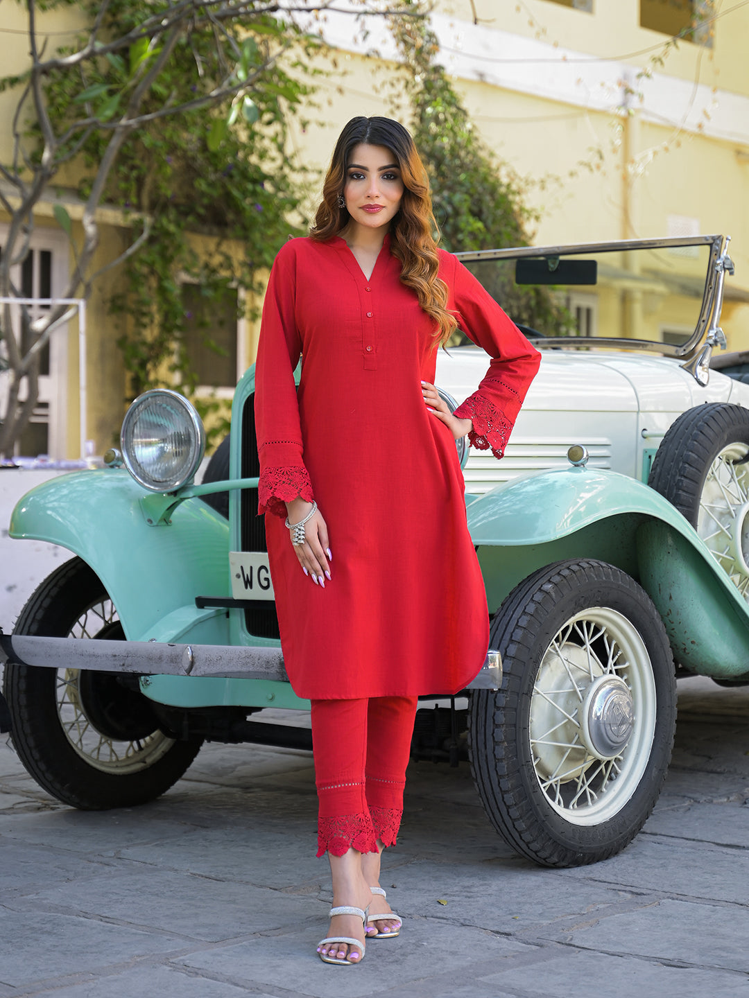 Red-Cotton-Solid-Print-2-Piece-Kurta-Set