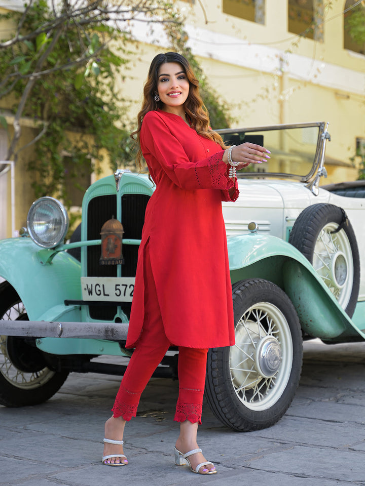 Red-Cotton-Solid-Print-2-Piece-Kurta-Set