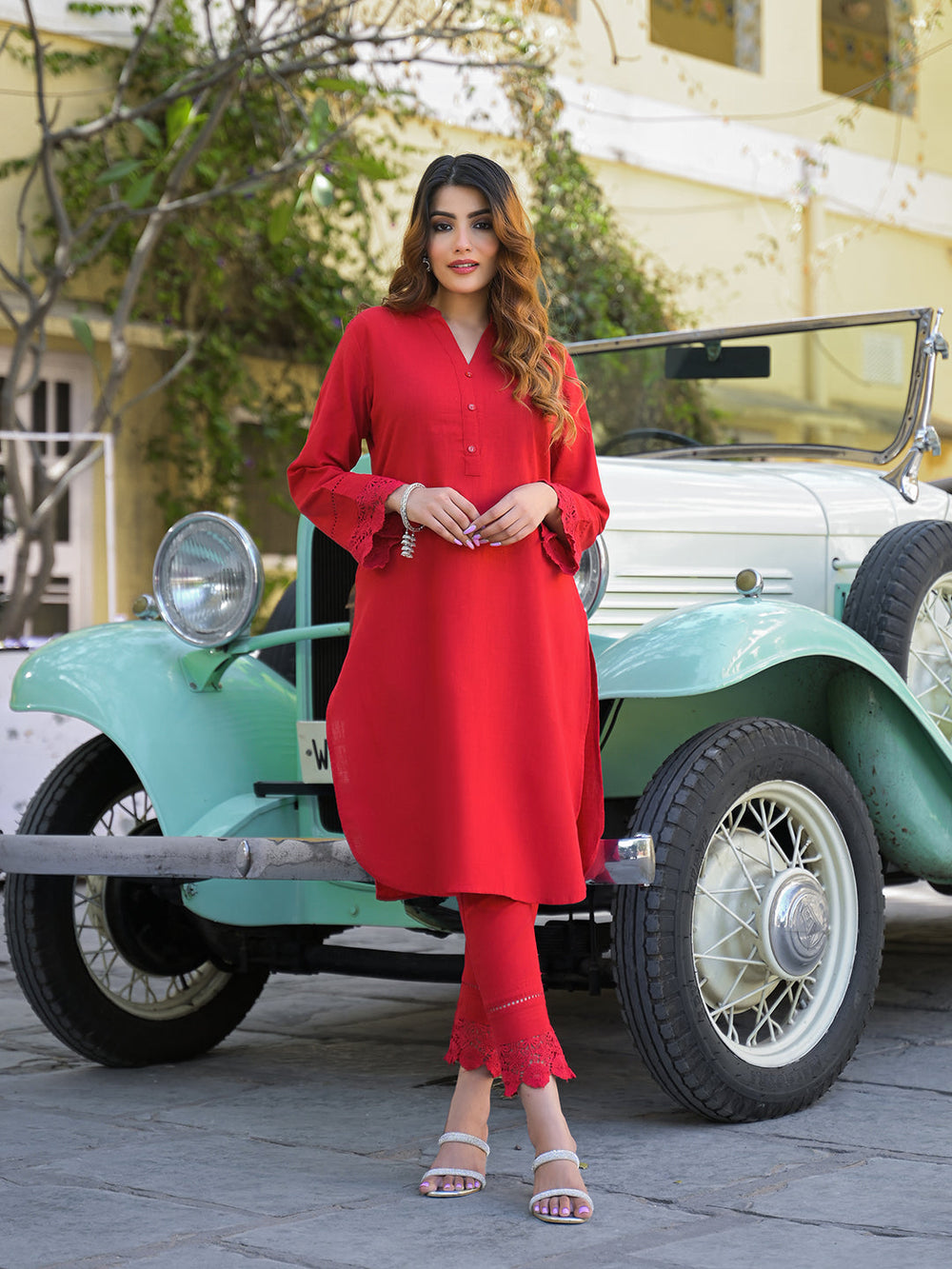 Red-Cotton-Solid-Print-2-Piece-Kurta-Set