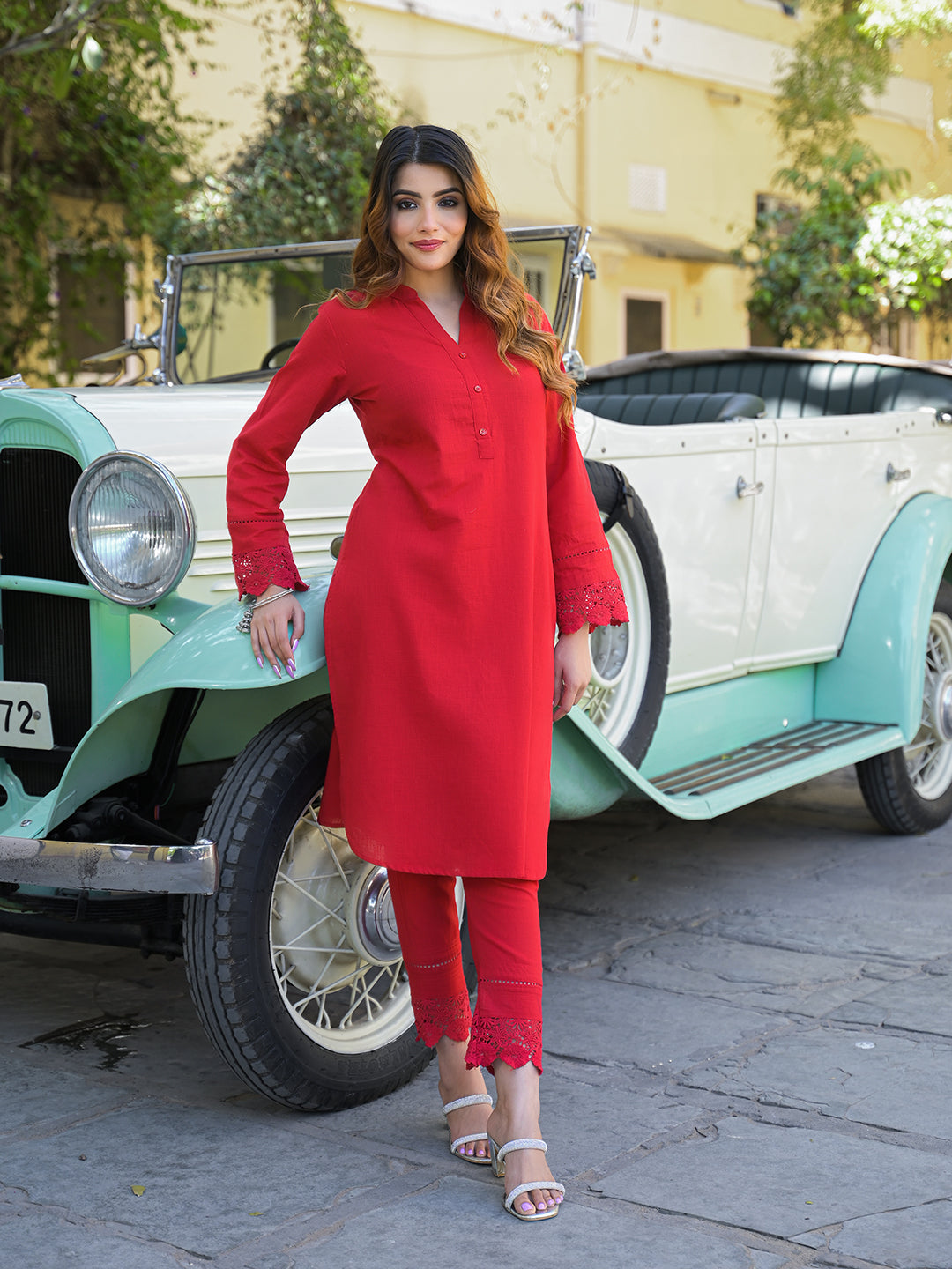 Red-Cotton-Solid-Print-2-Piece-Kurta-Set