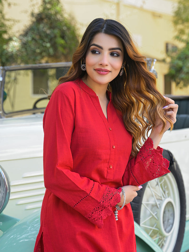 Red-Cotton-Solid-Print-2-Piece-Kurta-Set