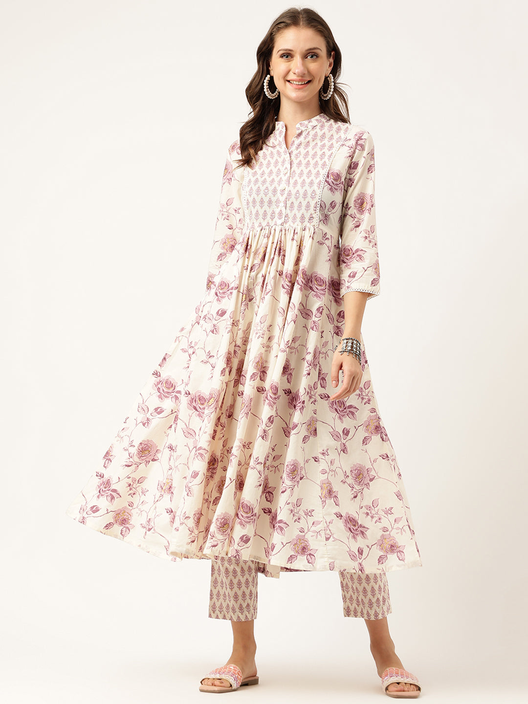 White-Cotton-Floral-Print-Flared-2-Piece-Kurta-Set