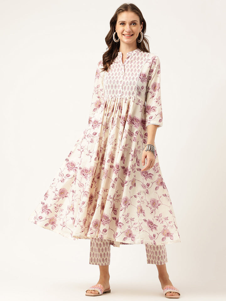 White-Cotton-Floral-Print-Flared-2-Piece-Kurta-Set