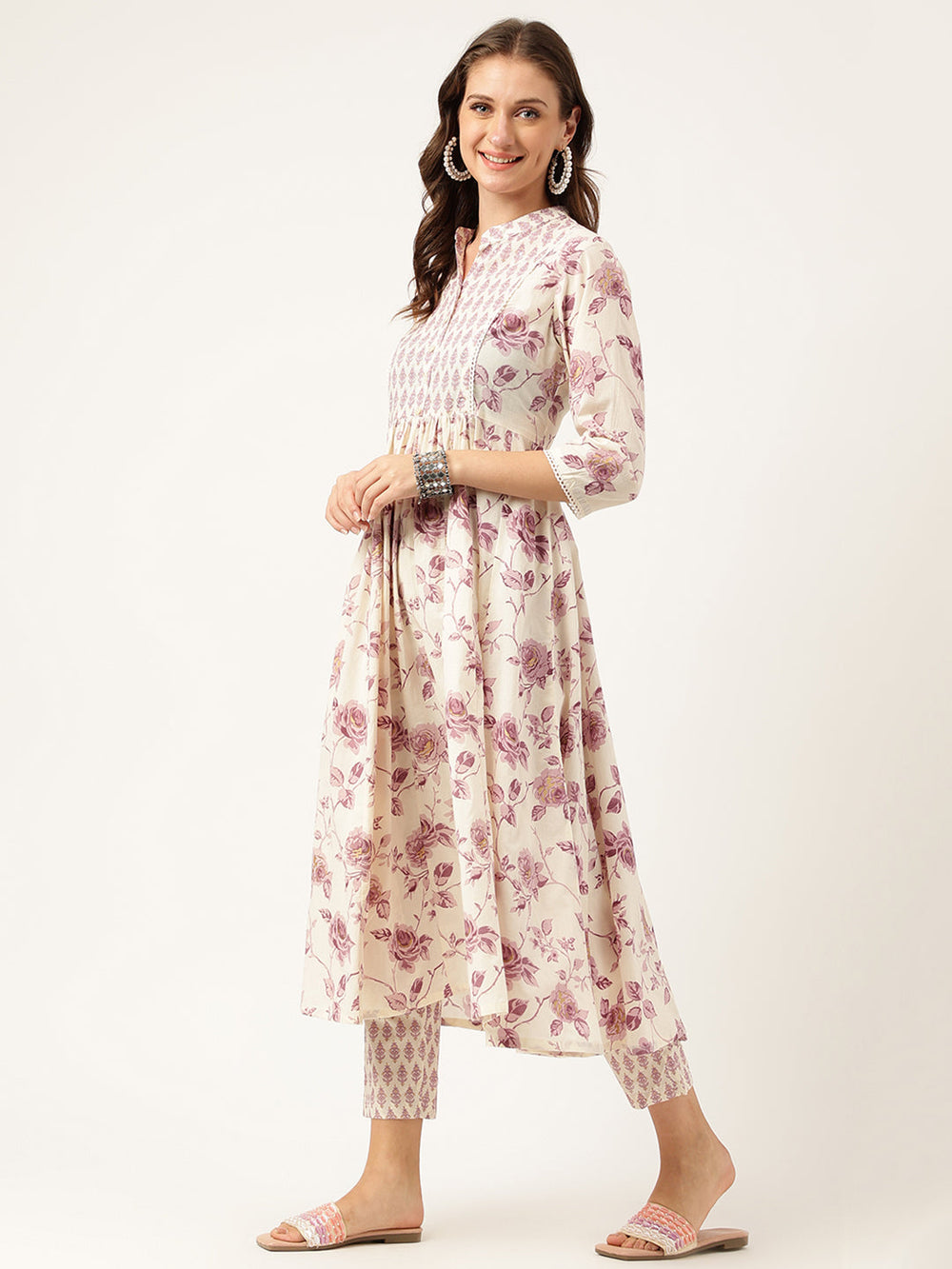 White-Cotton-Floral-Print-Flared-2-Piece-Kurta-Set