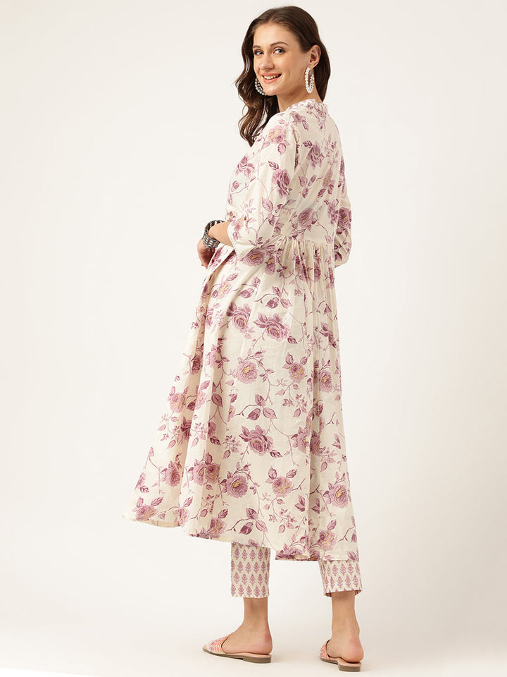 White-Cotton-Floral-Print-Flared-2-Piece-Kurta-Set