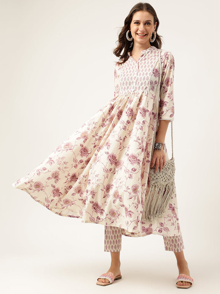 White-Cotton-Floral-Print-Flared-2-Piece-Kurta-Set