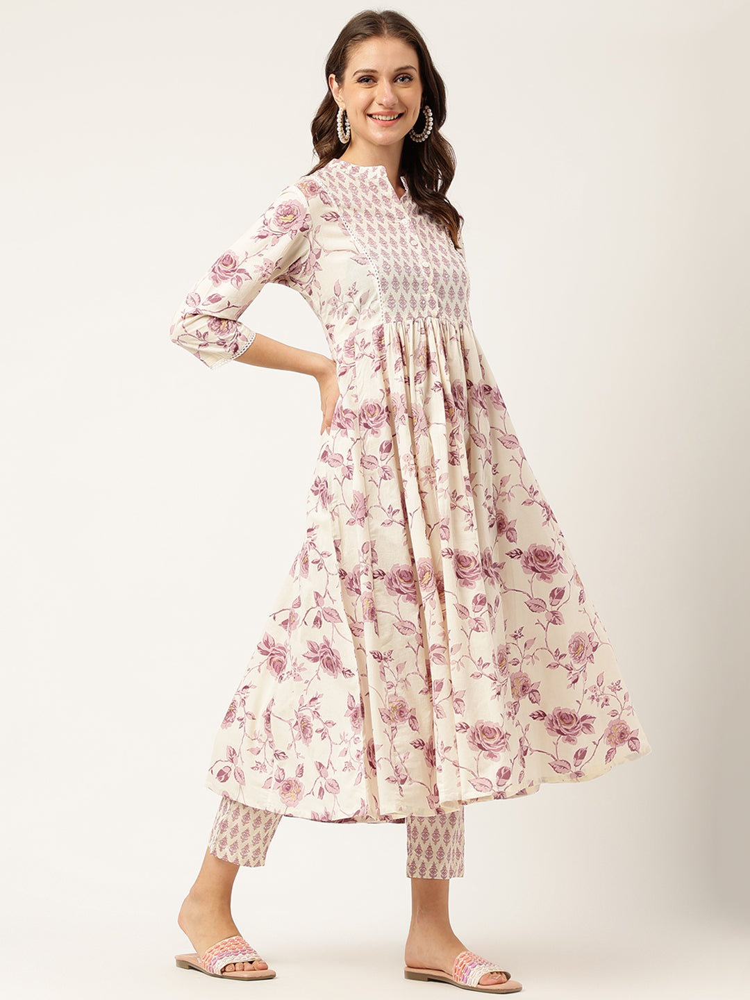 White-Cotton-Floral-Print-Flared-2-Piece-Kurta-Set