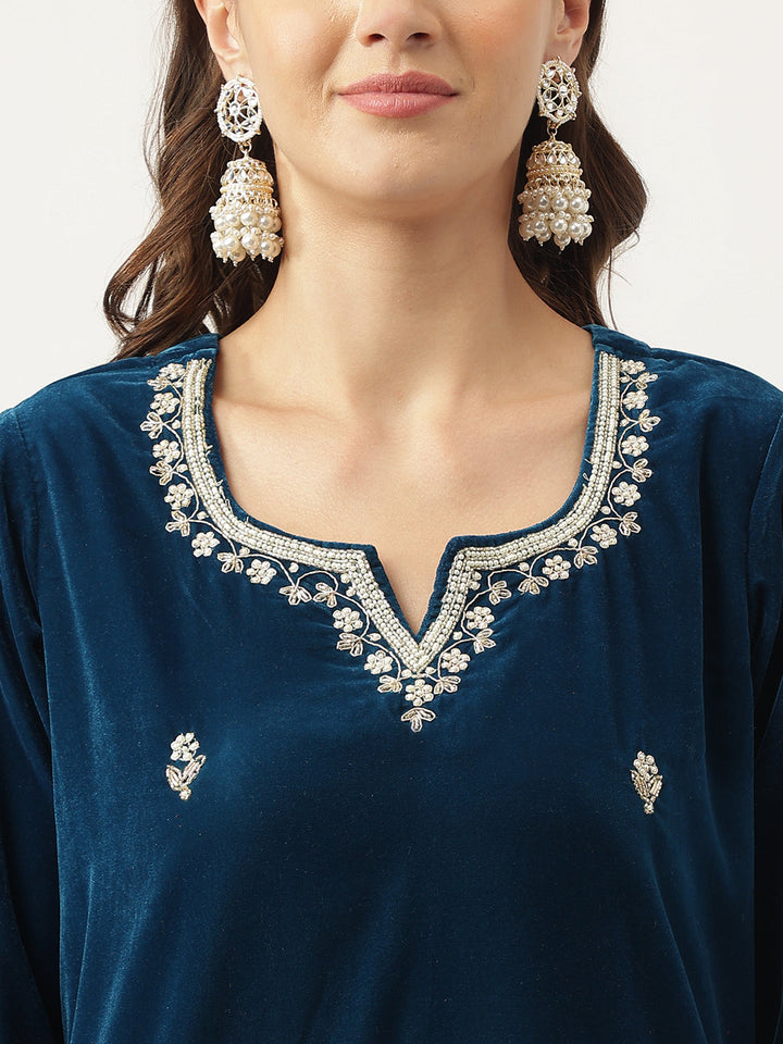 Rayol-Blue-Velvet-Hand-Embroidered-Straight-3-Piece-Kurta-Set
