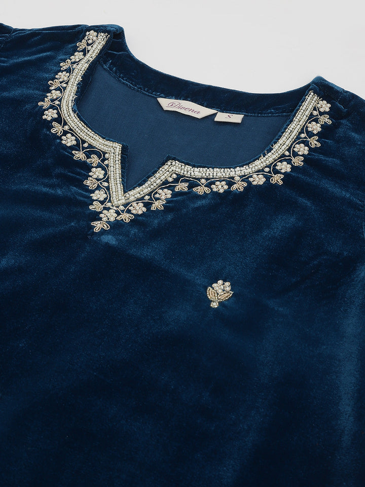 Rayol-Blue-Velvet-Hand-Embroidered-Straight-3-Piece-Kurta-Set