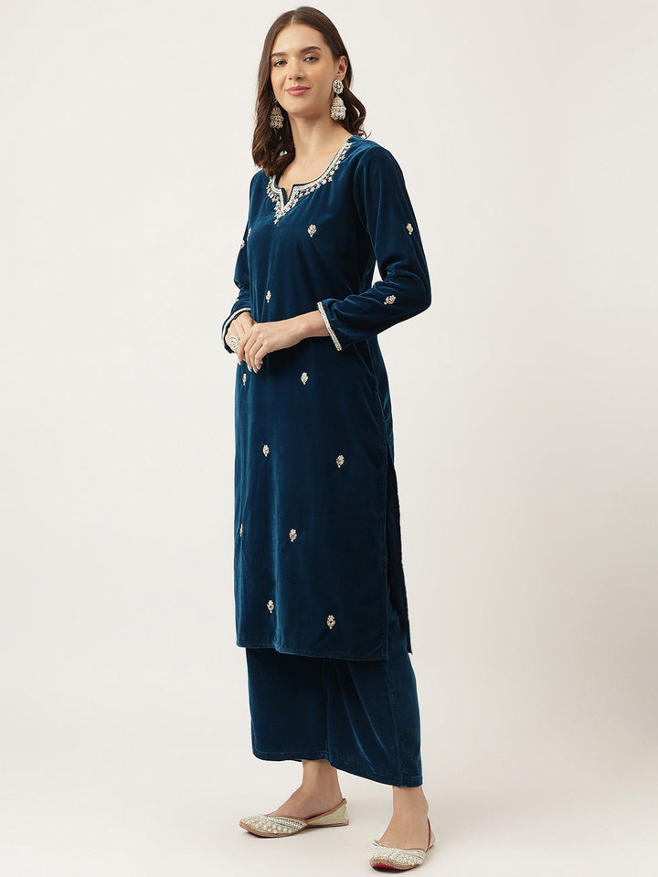 Rayol-Blue-Velvet-Hand-Embroidered-Straight-3-Piece-Kurta-Set