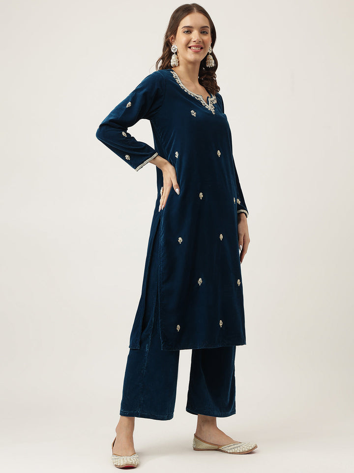 Rayol-Blue-Velvet-Hand-Embroidered-Straight-3-Piece-Kurta-Set