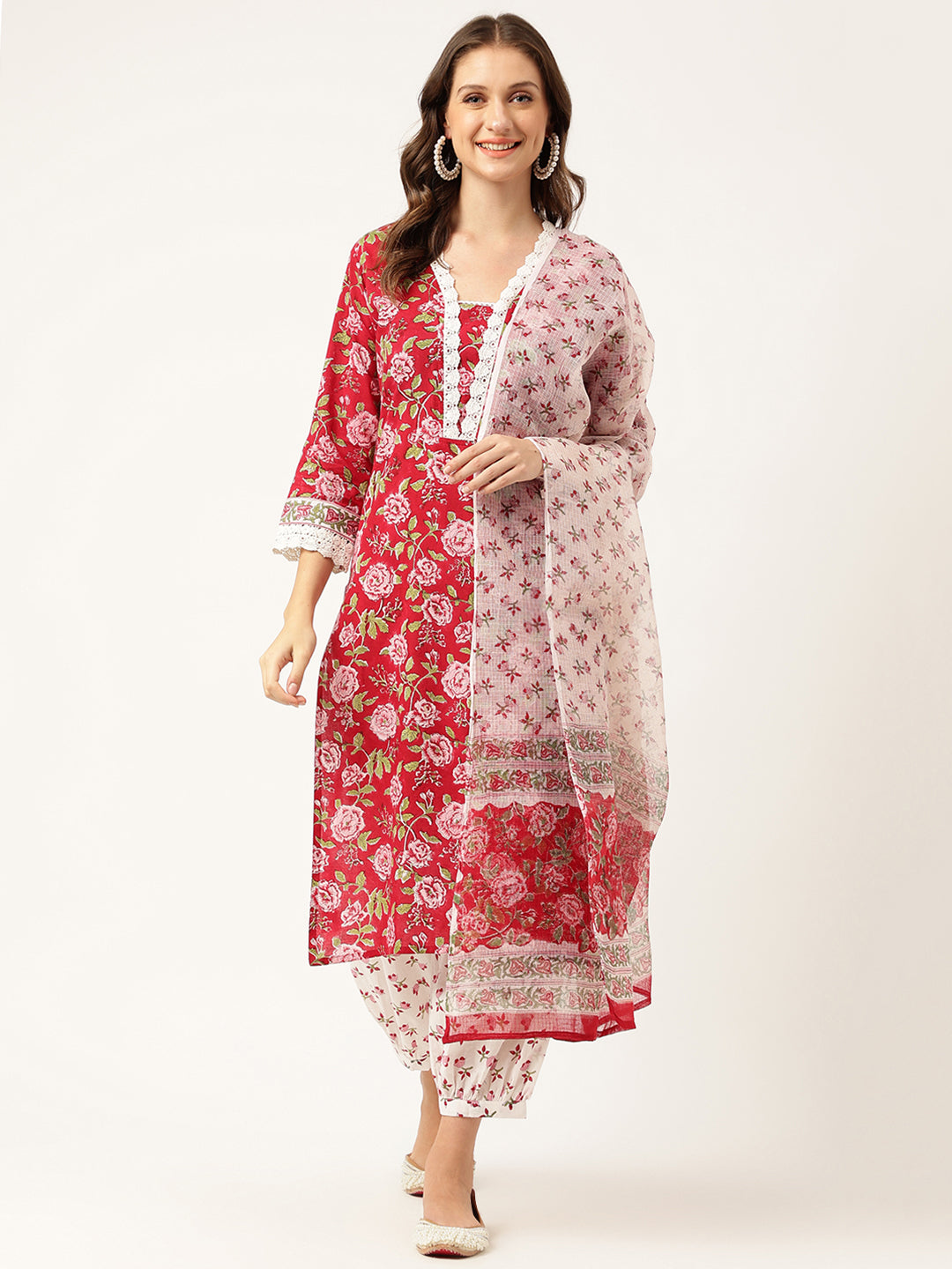 Maroon-Cotton-Handblock-Floral-Printed-3-Piece-Kurta-Set
