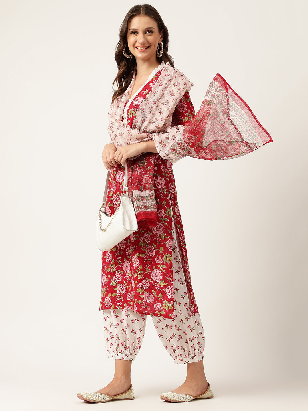 Maroon-Cotton-Handblock-Floral-Printed-3-Piece-Kurta-Set
