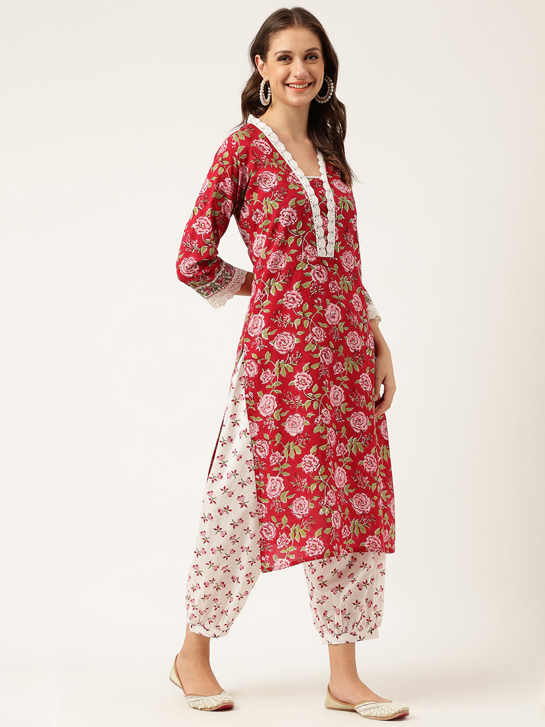 Maroon-Cotton-Handblock-Floral-Printed-3-Piece-Kurta-Set