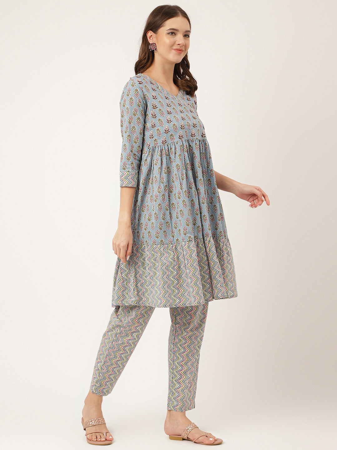 Sky-Blue-Cotton-Hand-Block-Print-2-Piece-Kurta-Set