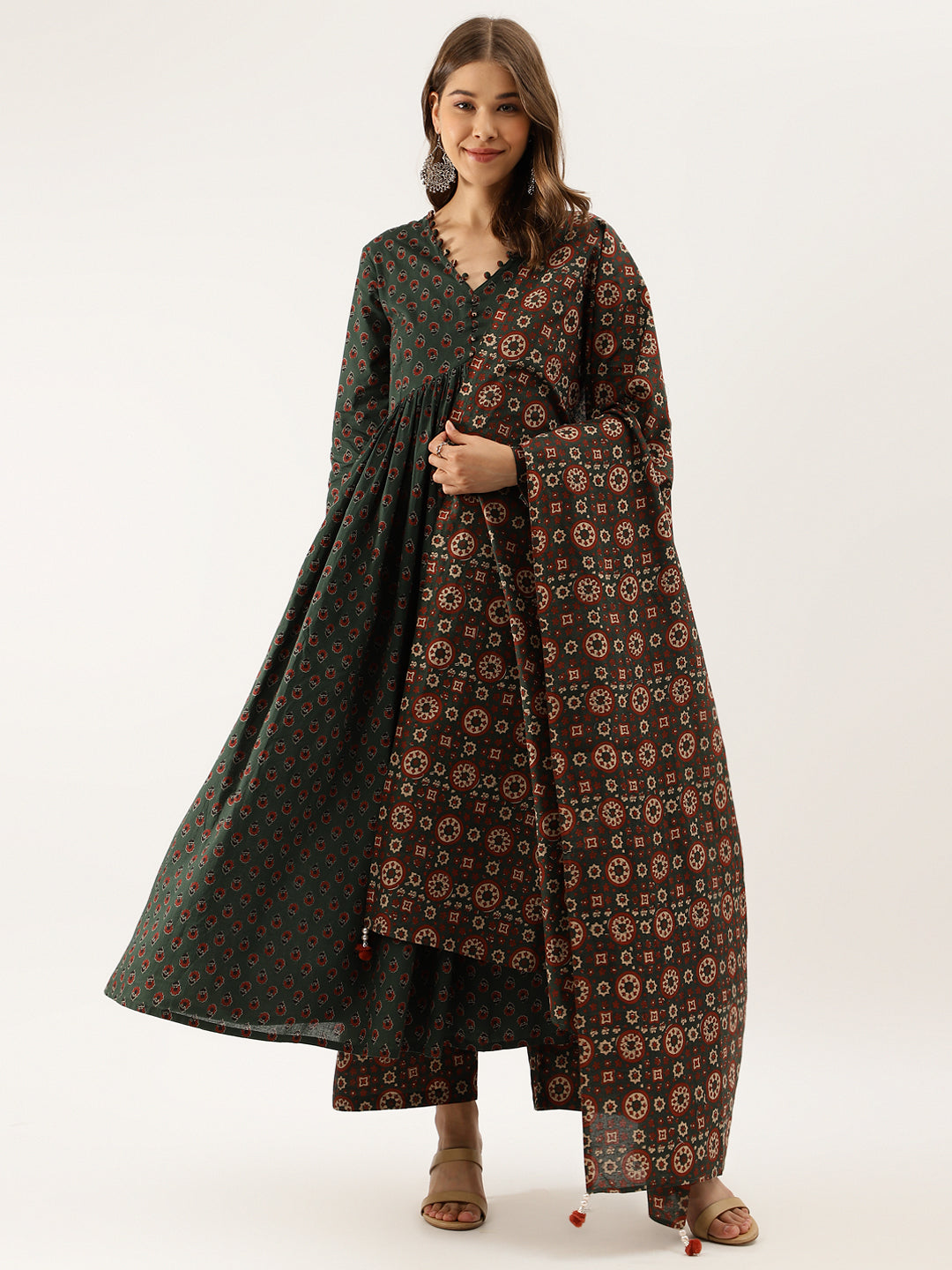 Green-Cotton-Floral-Print-3-Piece-Kurta-Set