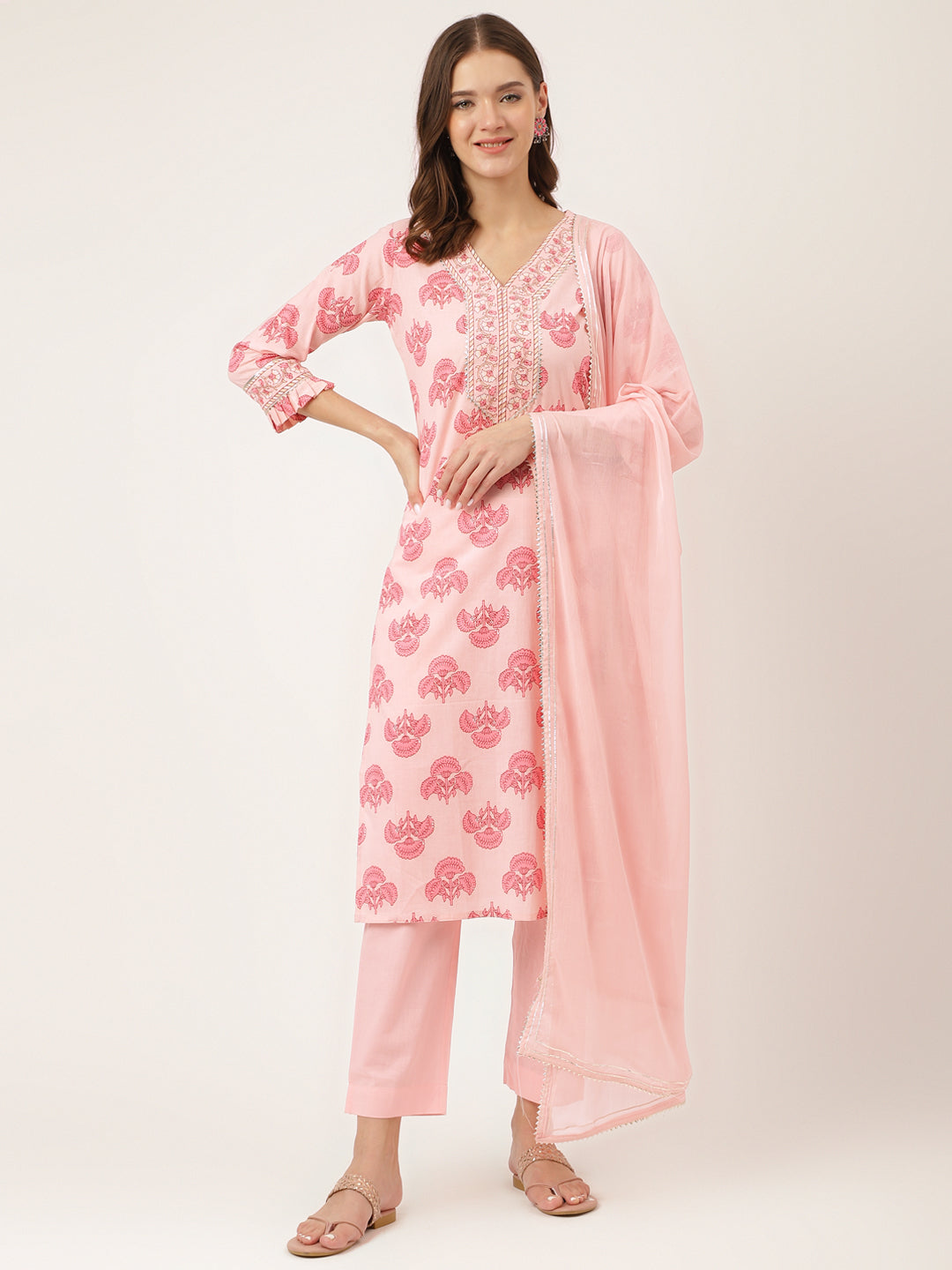 Pink-Cotton-Floral-Print-3-Piece-Kurta-Set