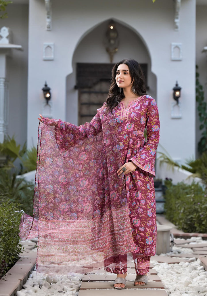 Magenta-Cotton-Hand-Block-Floral-Printed-Kurta-Set