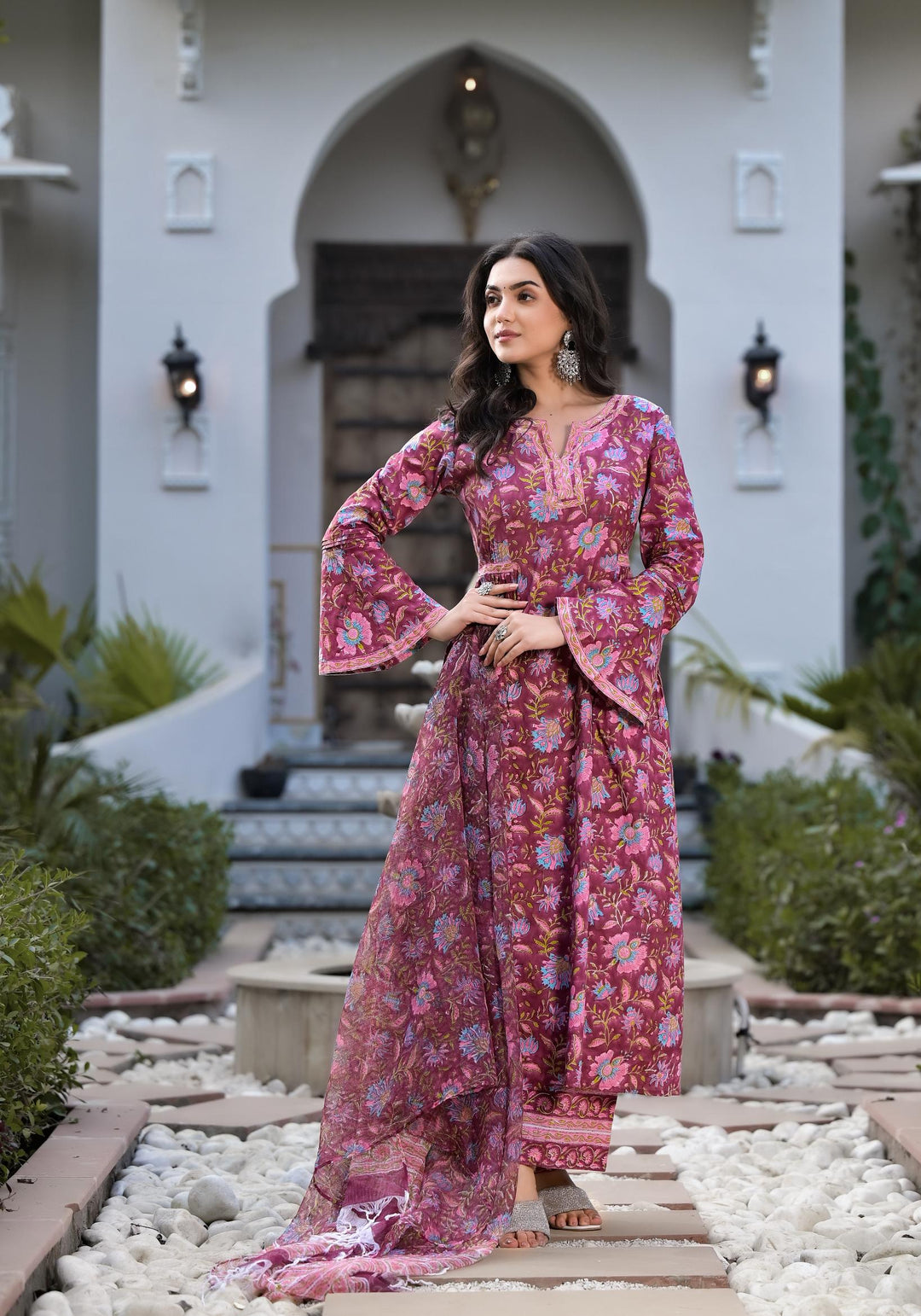 Magenta-Cotton-Hand-Block-Floral-Printed-Kurta-Set