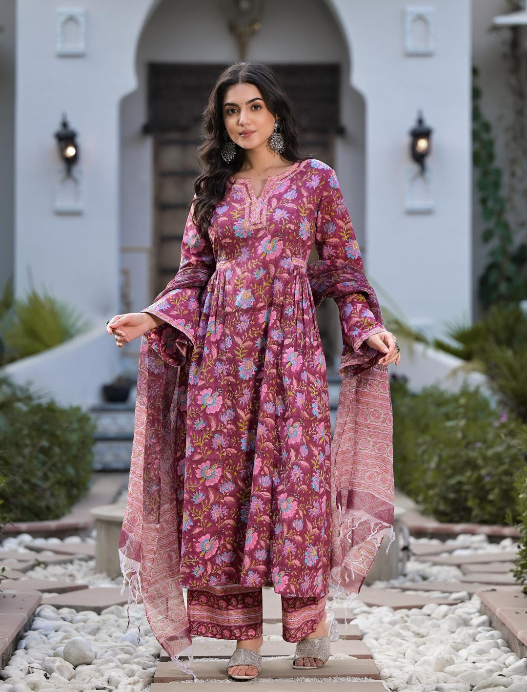 Magenta-Cotton-Hand-Block-Floral-Printed-Kurta-Set