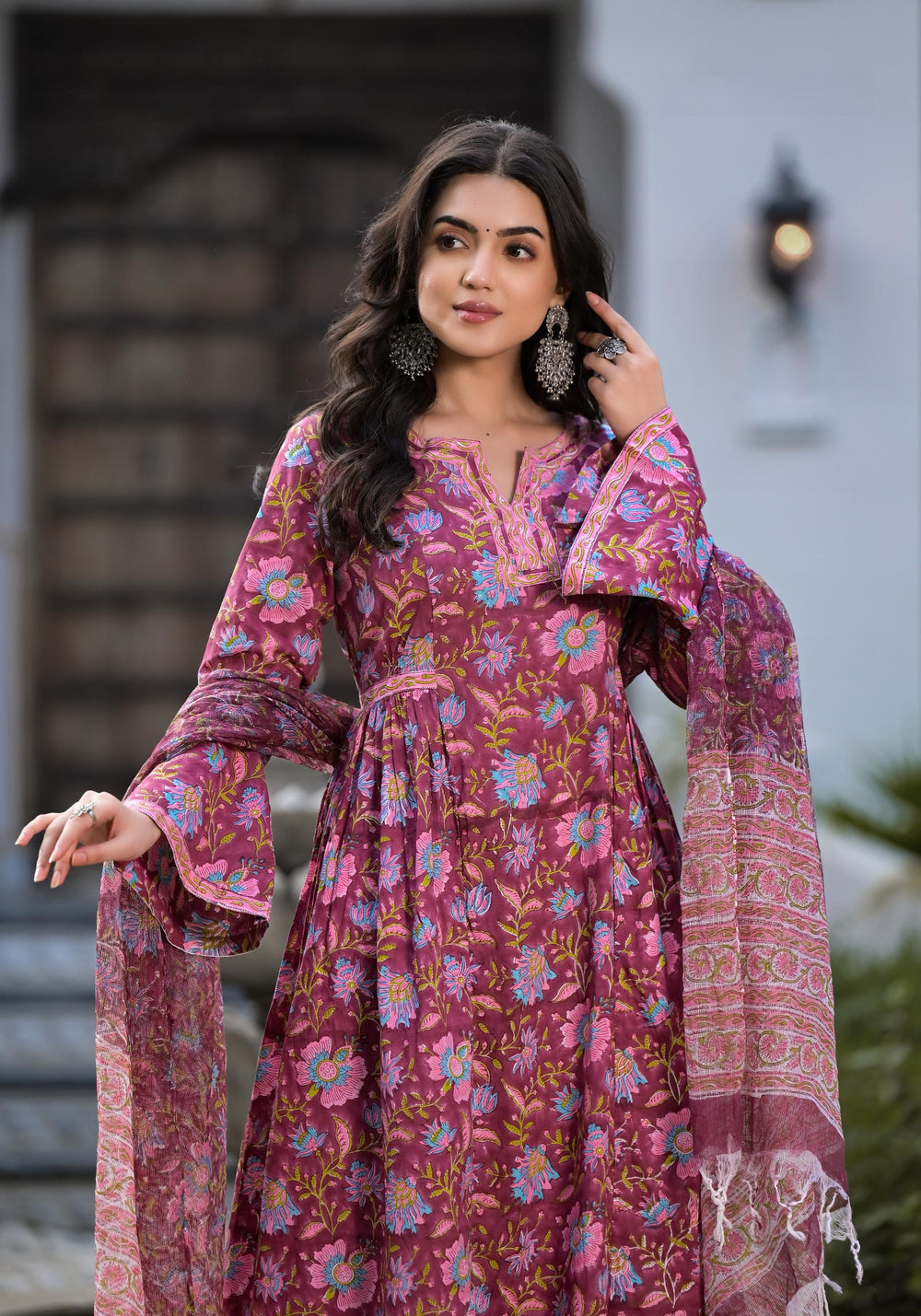 Magenta-Cotton-Hand-Block-Floral-Printed-Kurta-Set