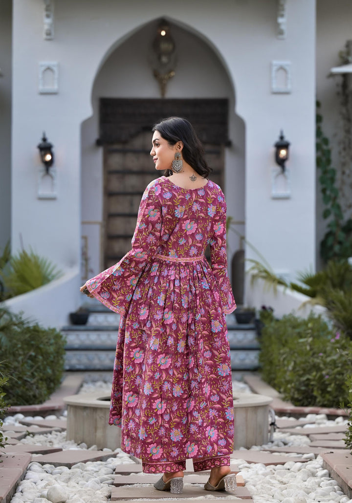Magenta-Cotton-Hand-Block-Floral-Printed-Kurta-Set