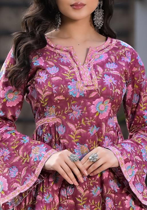 Magenta-Cotton-Hand-Block-Floral-Printed-Kurta-Set