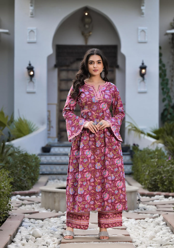 Magenta-Cotton-Hand-Block-Floral-Printed-Kurta-Set