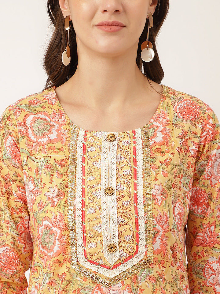 Yellow-Cotton-Hand-Block-Print-3-Piece-Kurta-Set