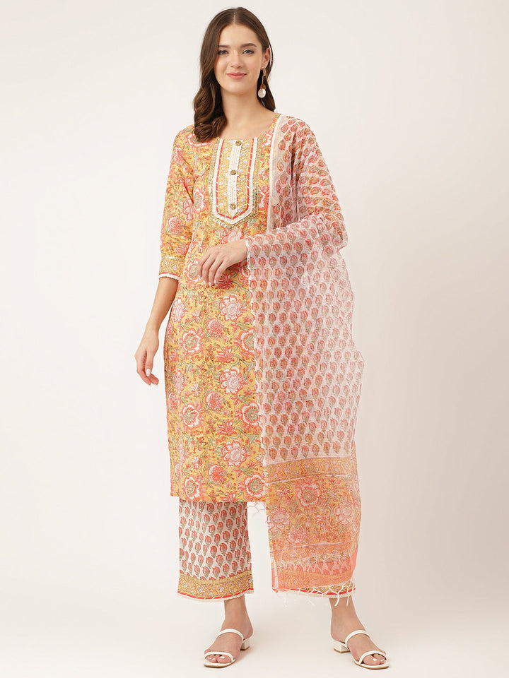 Yellow-Cotton-Hand-Block-Print-3-Piece-Kurta-Set