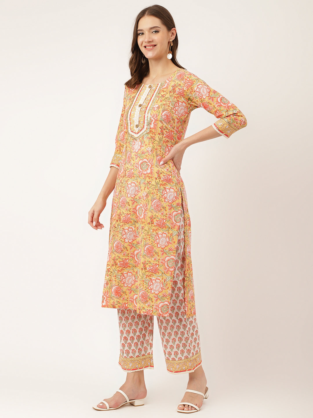 Yellow-Cotton-Hand-Block-Print-3-Piece-Kurta-Set