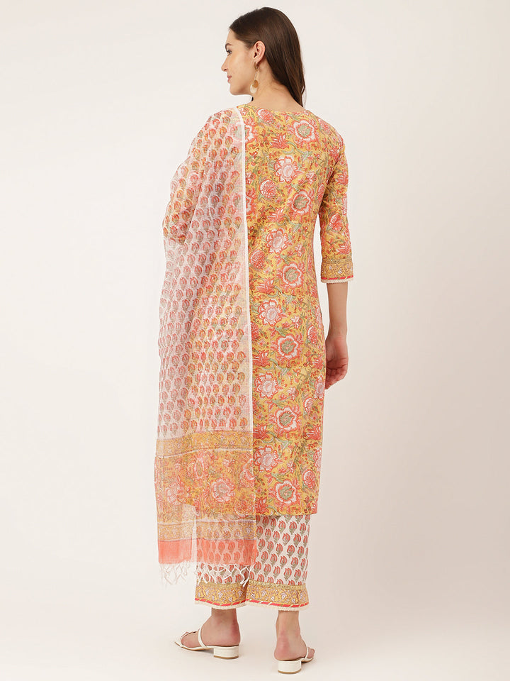 Yellow-Cotton-Hand-Block-Print-3-Piece-Kurta-Set