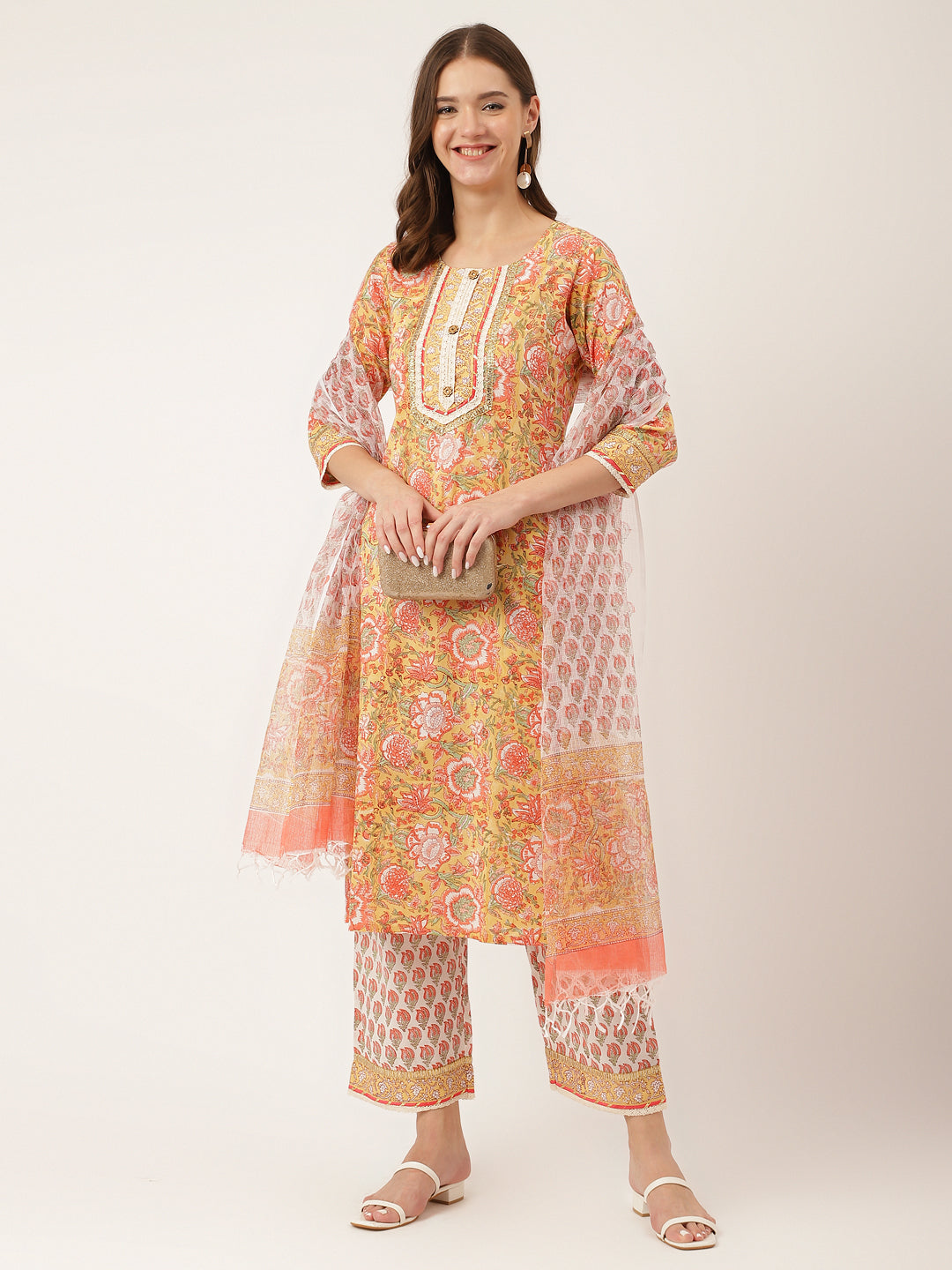 Yellow-Cotton-Hand-Block-Print-3-Piece-Kurta-Set