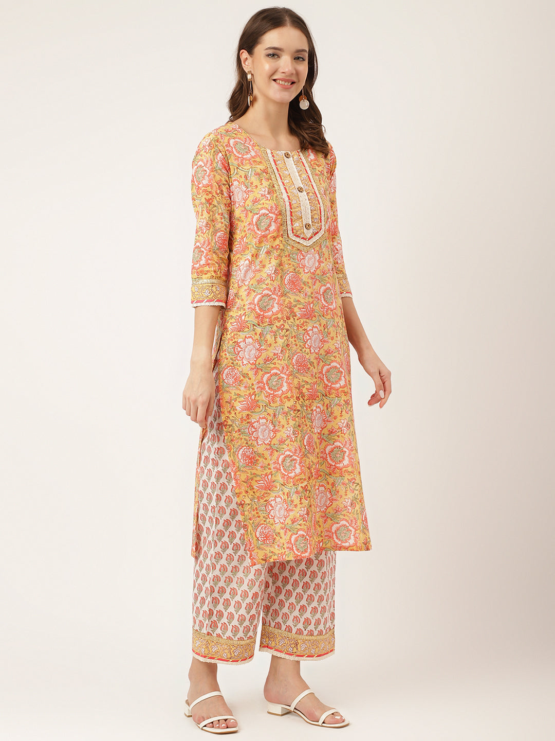 Yellow-Cotton-Hand-Block-Print-3-Piece-Kurta-Set