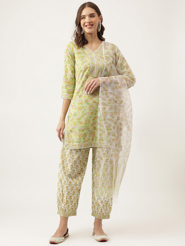 Green-Cotton-Floral-Printed-Straight-3-Piece-Kurta-Set