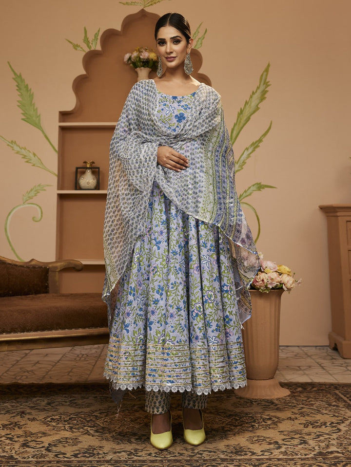 Blue-Cotton-Handblock-Floral-Printed-3-Piece-Anarkali-Set