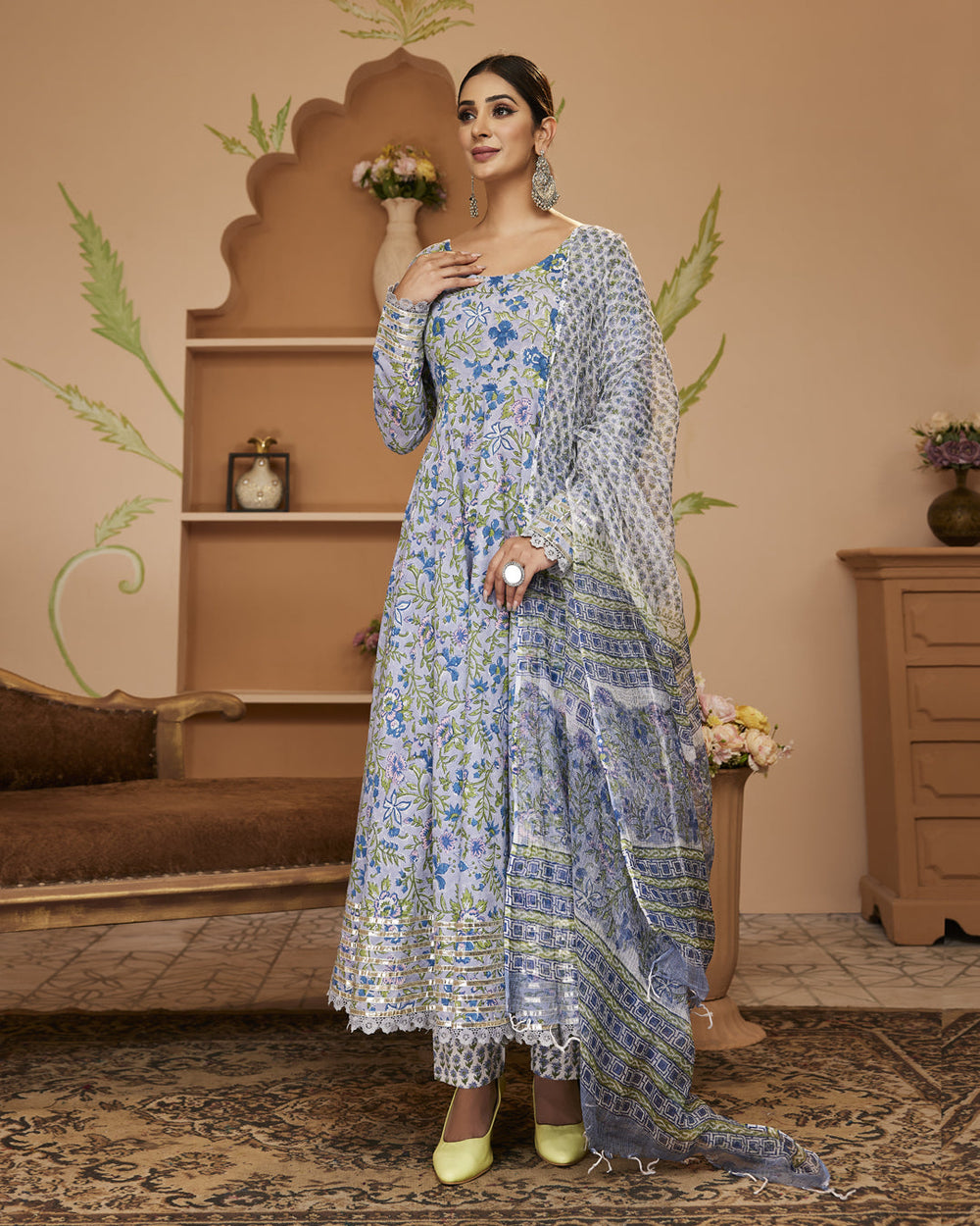 Blue-Cotton-Handblock-Floral-Printed-3-Piece-Anarkali-Set