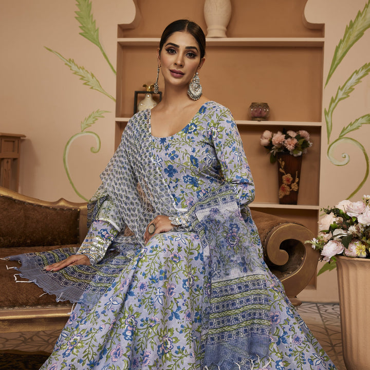Blue-Cotton-Handblock-Floral-Printed-3-Piece-Anarkali-Set