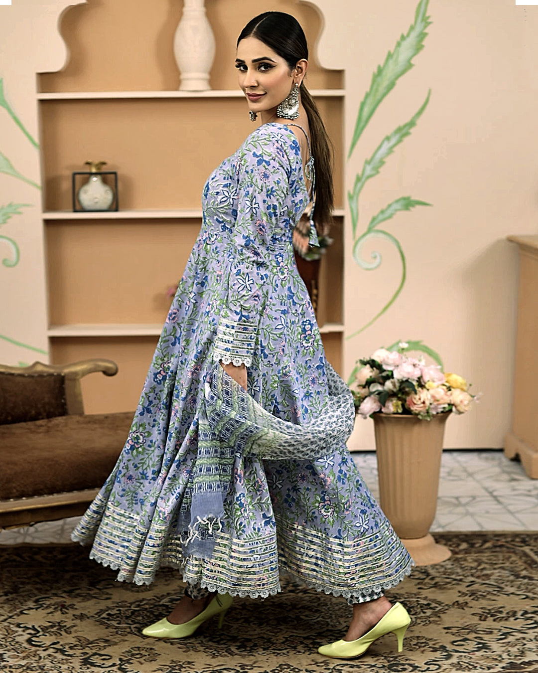 Blue-Cotton-Handblock-Floral-Printed-3-Piece-Anarkali-Set