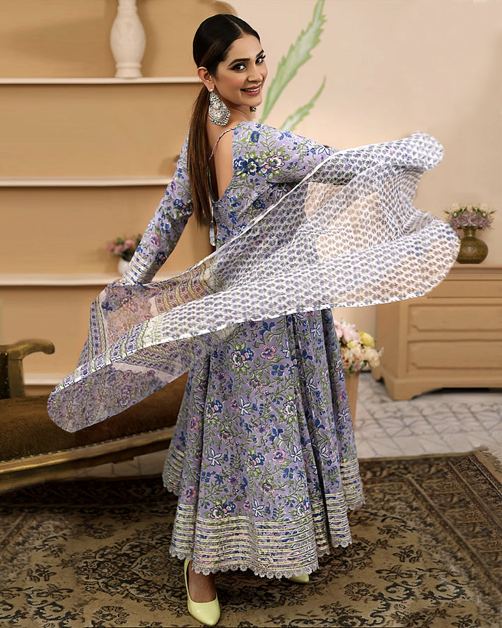 Blue-Cotton-Handblock-Floral-Printed-3-Piece-Anarkali-Set