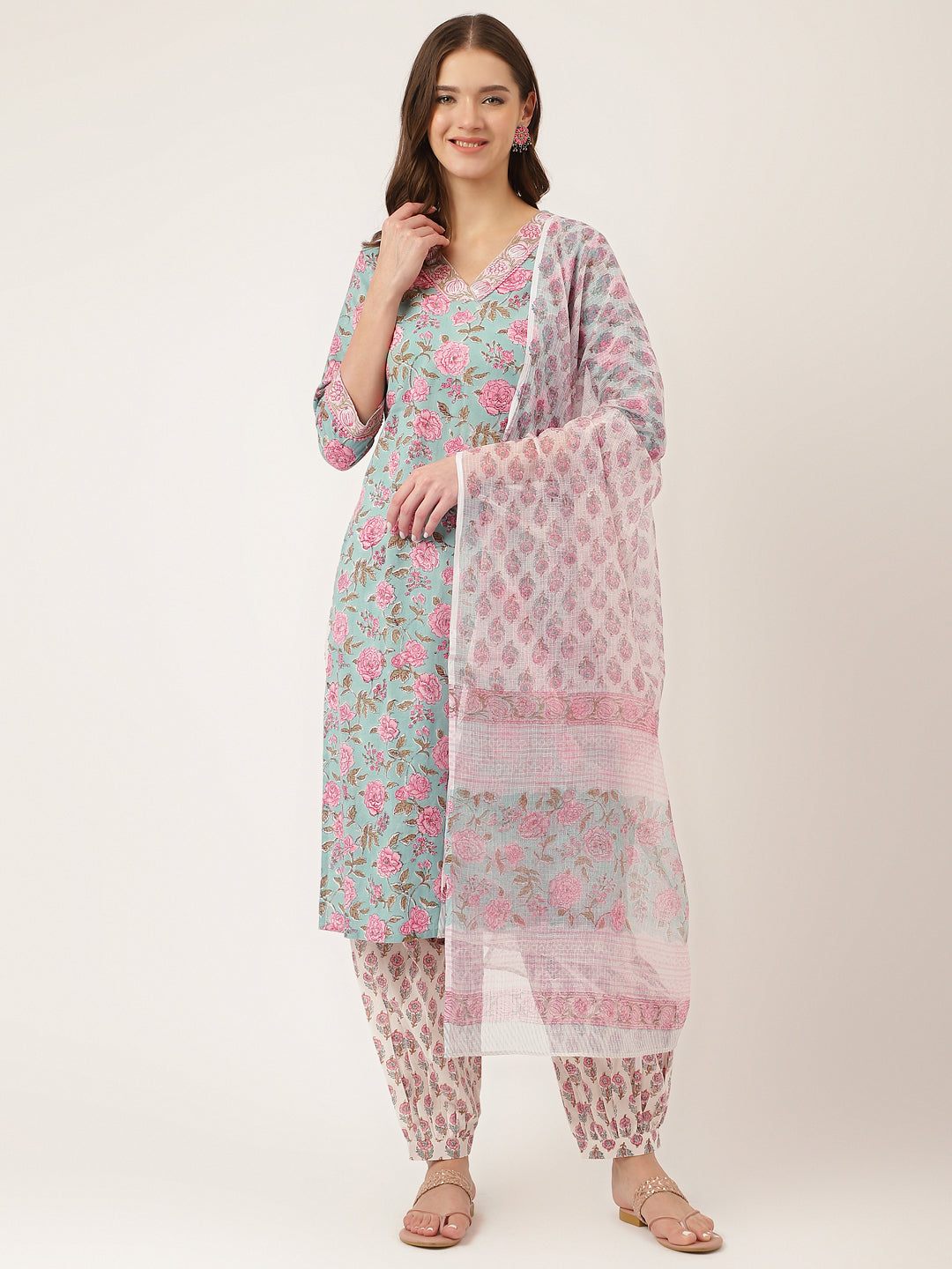 Green-Cotton-Hand-Block-Print-3-Piece-Kurta-Set