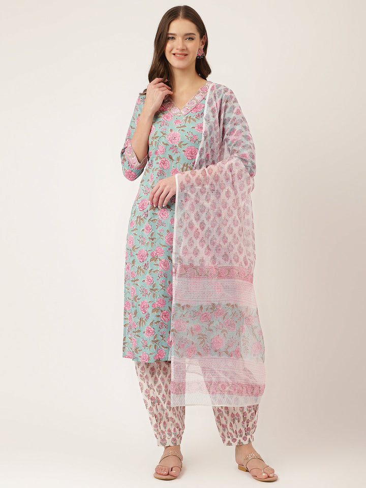 Green-Cotton-Hand-Block-Print-3-Piece-Kurta-Set