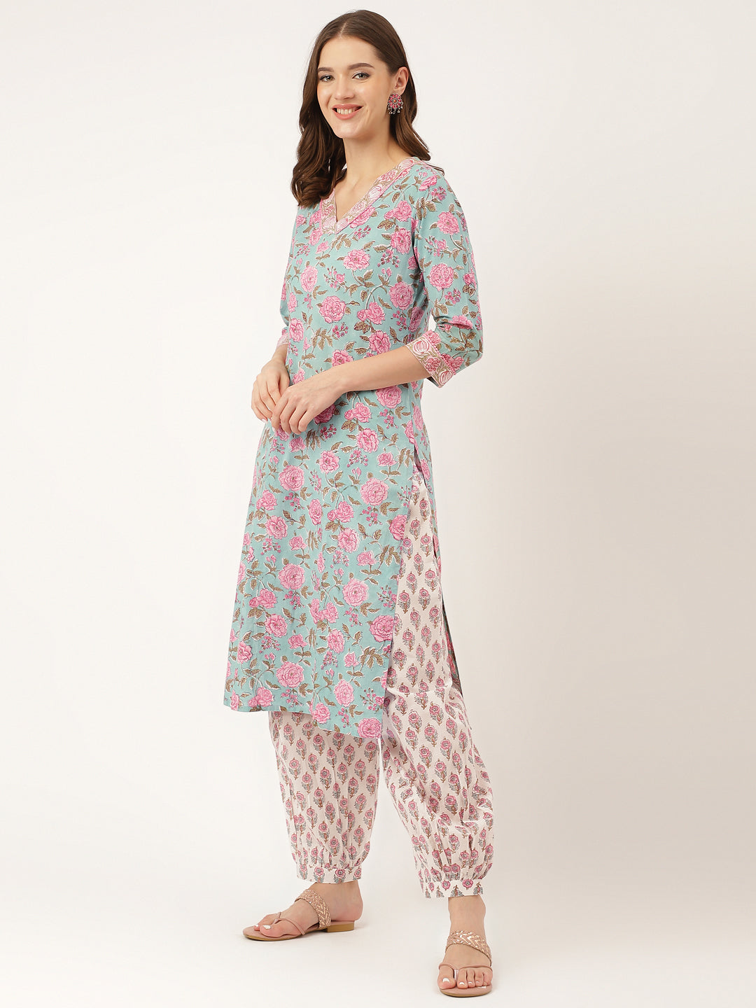 Green-Cotton-Hand-Block-Print-3-Piece-Kurta-Set