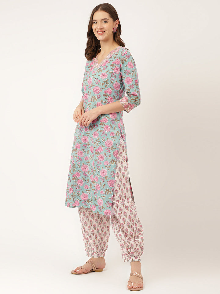 Green-Cotton-Hand-Block-Print-3-Piece-Kurta-Set